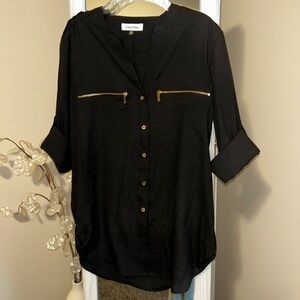 💜Calvin Klein Black Blouse with Gold Zipper Accents